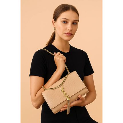 YSL KATE SAINT LAURENT BEIGE CROCODILE EMBOSSED GOLDEN TUSSEL