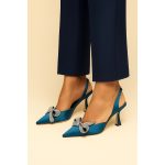 JIMMY CHOO TEAL BLUE SATIN SLINGBACK HEELS WITH CRYSTAL BOW