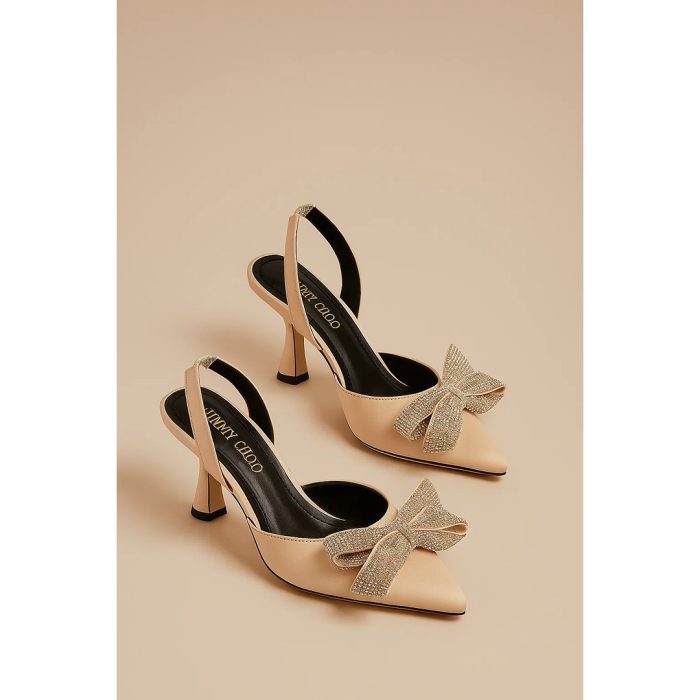 JIMMY CHOO NUDE SATIN SLINGBACK HEELS WITH CRYSTAL BOW