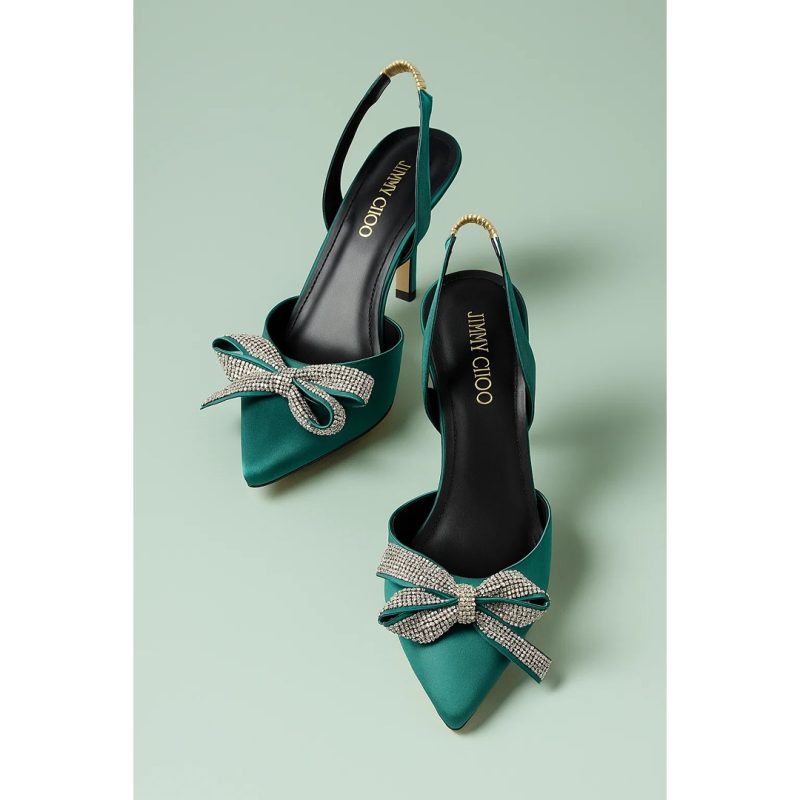 JIMMY CHOO GREEN SATIN SLINGBACK HEELS WITH CRYSTAL BOW