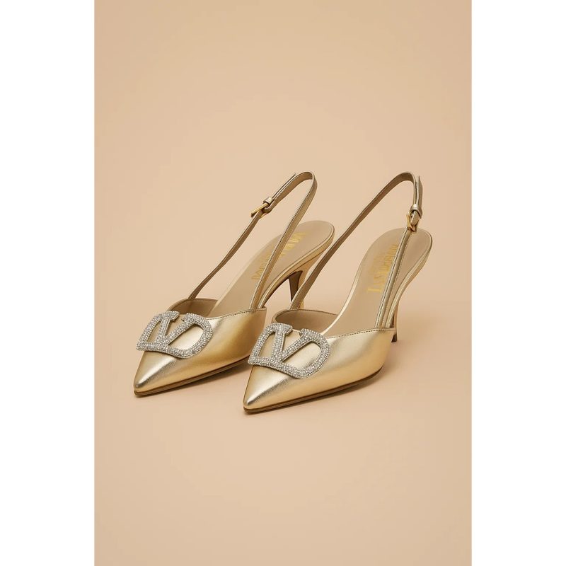 VALENTINO GARAVANI METALLIC GOLD CRYSTAL-EMBELLISHED VLOGO SLINGBACK HEELS