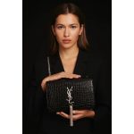 YSL KATE SAINT LAURENT BLACK CROCODILE EMBOSSED SILVER TUSSEL