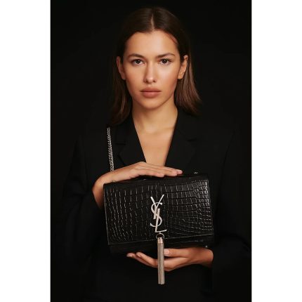 YSL KATE SAINT LAURENT BLACK CROCODILE EMBOSSED SILVER TUSSEL