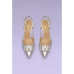 VALENTINO GARAVANI METALLIC SILVER CRYSTAL-EMBELLISHED VLOGO SLINGBACK HEELS