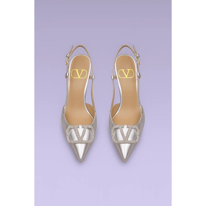 VALENTINO GARAVANI METALLIC SILVER CRYSTAL-EMBELLISHED VLOGO SLINGBACK HEELS