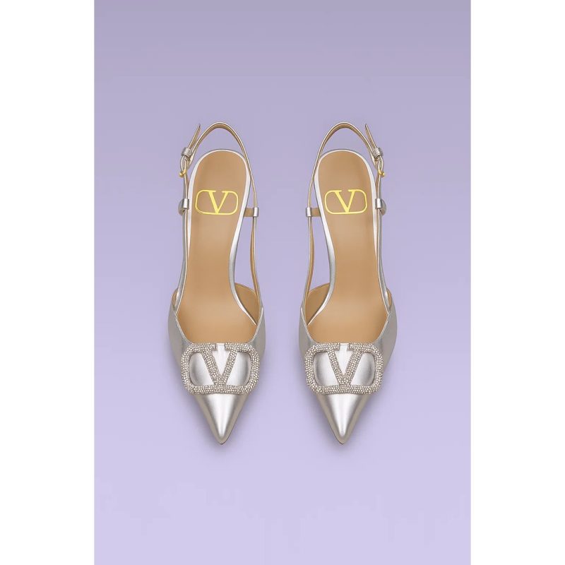 VALENTINO GARAVANI METALLIC SILVER CRYSTAL-EMBELLISHED VLOGO SLINGBACK HEELS