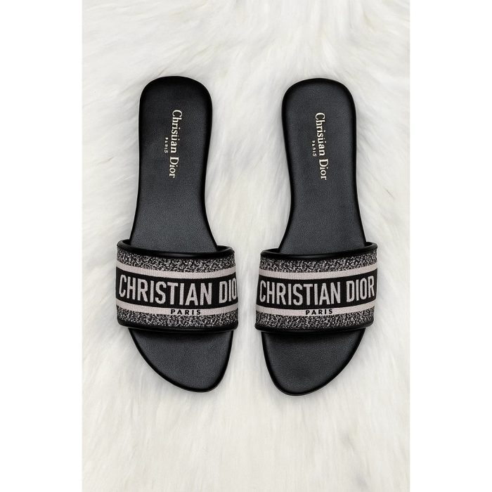 CHRISTIAN DIOR DWAY SLIDES – BLACK EMBROIDERED COTTON