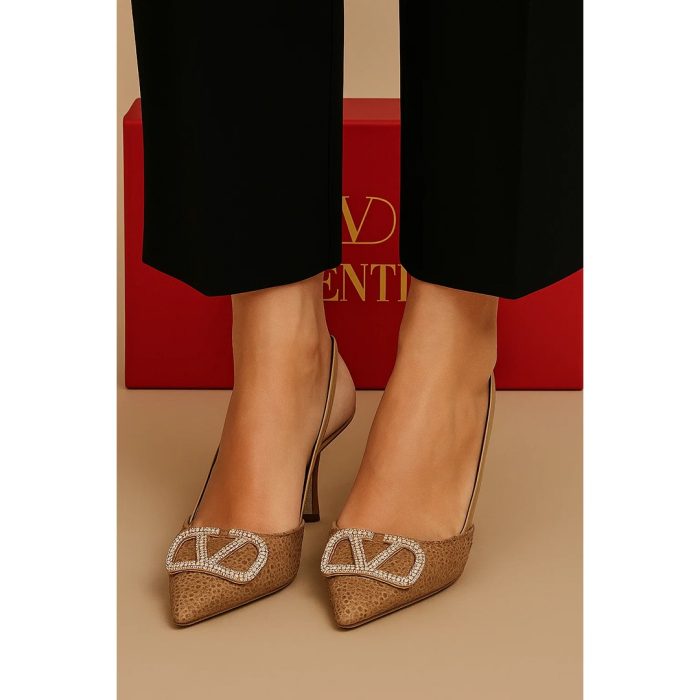 VALENTINO GARAVANI GOLD CRYSTAL-EMBELLISHED VLOGO SLINGBACK HEELS