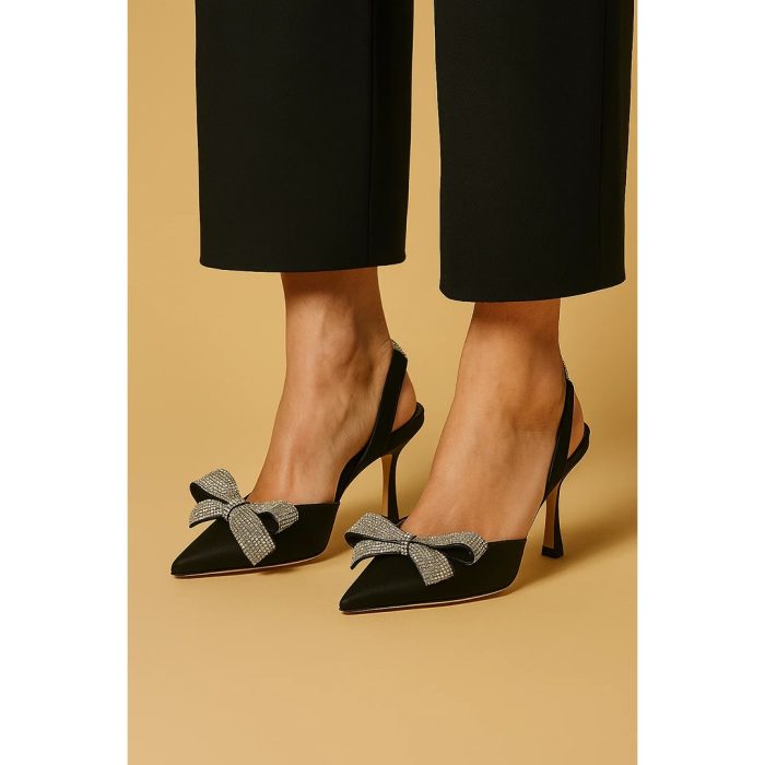 JIMMY CHOO BLACK SATIN SLINGBACK HEELS WITH CRYSTAL BOW
