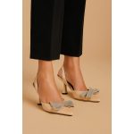 JIMMY CHOO NUDE SATIN SLINGBACK HEELS WITH CRYSTAL BOW