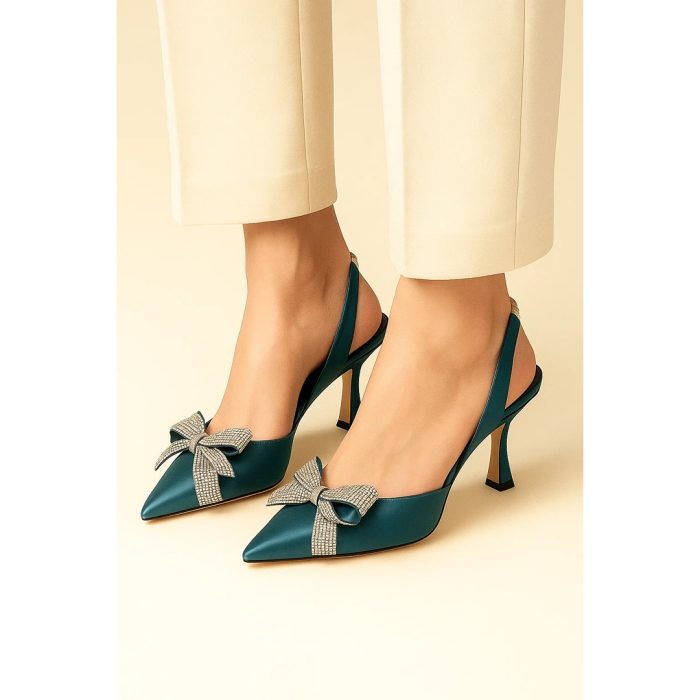 JIMMY CHOO GREEN SATIN SLINGBACK HEELS WITH CRYSTAL BOW
