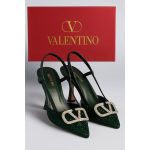 VALENTINO GARAVANI DARK GREEN CRYSTAL-EMBELLISHED VLOGO SLINGBACK HEELS