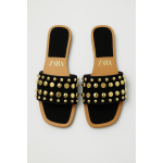 ZR BLACK STUDDED FLAT SLIDES – GOLD EMBELLISHED