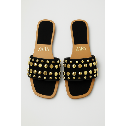 ZR BLACK STUDDED FLAT SLIDES – GOLD EMBELLISHED