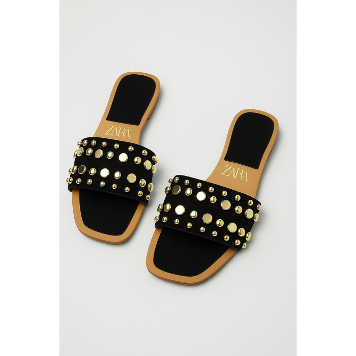 ZR BLACK STUDDED FLAT SLIDES – GOLD EMBELLISHED