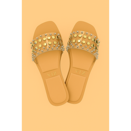ZR NUDE BEIGE STUDDED FLAT SLIDES – GOLD EMBELLISHED