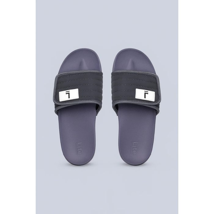 LITE DARK GREY QUILTED STRAP SLIDES – PURPLE BASE