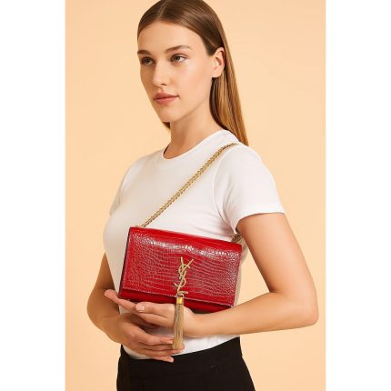 YSL KATE SAINT LAURENT RED CROCODILE EMBOSSED GOLDEN TASSEL & CHAIN