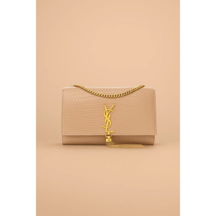 YSL KATE SAINT LAURENT BEIGE CROCODILE EMBOSSED GOLDEN TUSSEL