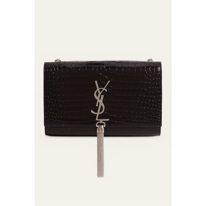 YSL KATE SAINT LAURENT BLACK CROCODILE EMBOSSED SILVER TUSSEL