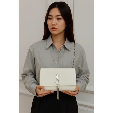YSL KATE SAINT LAURENT WHITE CROSS BODY BAG SILVER TUSSEL